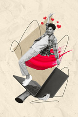 Photo collage artwork picture of smiling funky guy getting modern device likes isolated graphical background