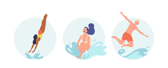 Isolated set of round icon composition with young people character jumping to sea or pool water