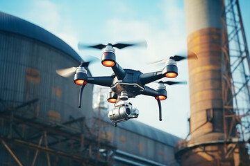 The drone flies around the factory, inspects work and looks for malfunctions