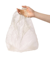 Woman holding empty plastic bag on white background, closeup