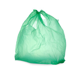 One green plastic bag isolated on white