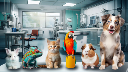 veterinary clinic, various animals are waiting for a visit in a modern, well-equipped veterinary office - 632198950