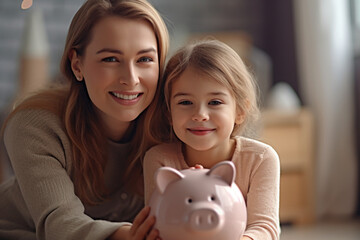 Mother and daughter with a piggy bank. Investment in the future. Happy family. AI generated
