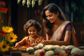 Traditionally dressed Indian ethnic mother and daughter making colourful arrangement with flowers in-front of their house. Concept for Onam festival in Kerala