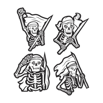 a set of vector images of skulls carrying flags. illustration of fighter to death.
