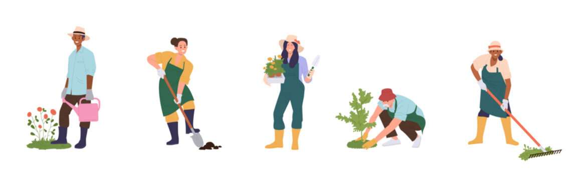 Isolated set of happy people gardening planting flower and trees seedlings, growing houseplants