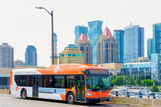 MiWay Or Mississauga Transit Bus With Cityscape In The Background, Canada