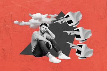 Collage poster banner of sad disappointed guy sitting suffering haters negative feedback people judgment isolated on retro paper background