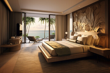 Luxury interior hotel room in the tropical countruy with sea view, generative ai - 632200724