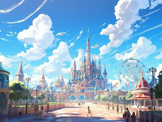 Naklejka premium お城のあるテーマパーク遊園地アニメ背景