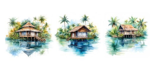 ocean tropical hut on the water watercolor