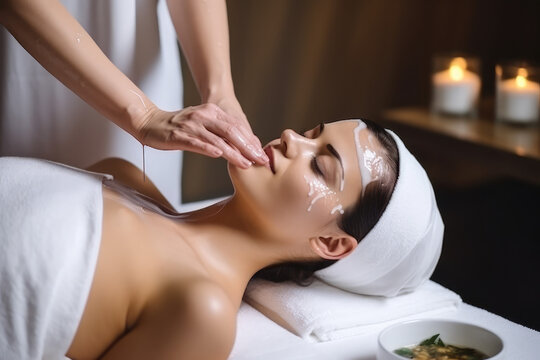 Beautiful woman receiving facial and massage at luxury spa for relaxation