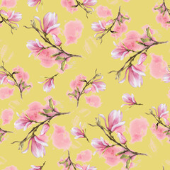 Flower Watercolor Seamless Pattern. Hand painted illustration of Magnolia bough. isolated on yellow-green background with pink watercolor stains. design for textile, wrapping paper, wallpaper, cover.