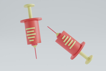 Medical equipment minimalism concept, injection syringe needle cartoon style isolated on white background, for vaccine, vaccination, injection, flu, virus, immunization, 3d rendering illustration