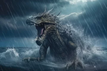 Fotobehang Intense kaiju like lizard monster in a violent ocean storm with thunder and lightning. The creature is angry and a ship is sinking in the waves of the sea water © Kien