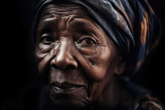 Old black woman with wrinkles on her wise face, generative AI