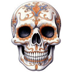 Watercolor Skull Human Head, Eerie, Horror, Spooky Halloween, Anatomy, Day of the Death. Isolated on Transparent Background. Generative AI