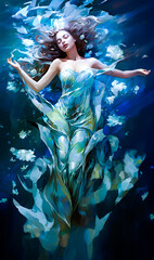 a painting of a woman in a blue flowing dress underwater. She is lying on her back with her eyes closed