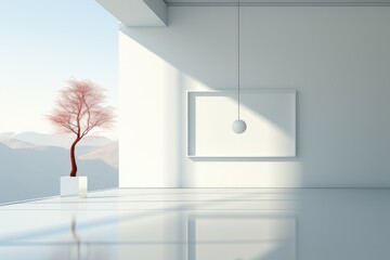 Empty minimal white room with interesting with glare from the window. Interior background for the presentation. Generative AI