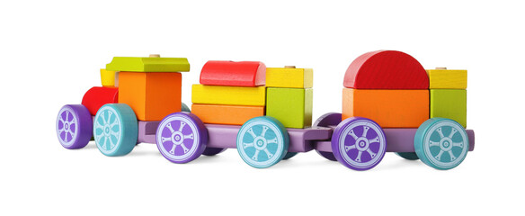 One colorful wooden train isolated on white. Children's toy