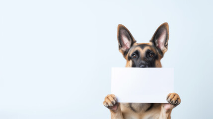 A German Shepard dog holding empty paper poster with copy space - Generative AI