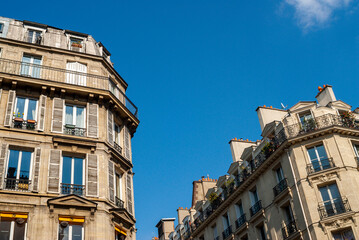 Fototapeta na wymiar Paris, France, Detail, Low Angle, Traditional French Apartment Buildings Facades, 