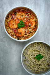 Shrimp Spaghetti with Tomato Sauce and Spaghetti Carbonara Cream Sauce.