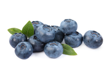 Pile of fresh ripe blueberries and leaves isolated on white