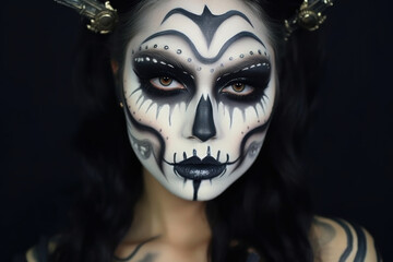 Naklejka premium Portrait of beautiful woman with face painting. Halloween makeup. Creative face art, carnival and fashion concept