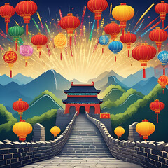 Temple architecture with fireworks, lanterns flying into the sky, mountain in the background