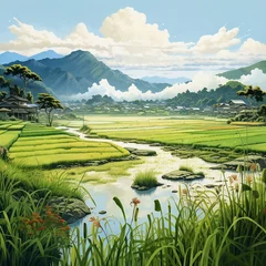  rice fields in the area near the mountains and there is a flowing river © Taufik