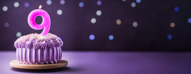 Decorated Birthday cake with a single number nine candle for for kids ninth birthday