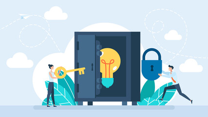 Protection your idea. Copyright, intellectual property. Legislation, private property. The metaphor of a bulb in a safe. Business people and Idea In Safe. Business Concept. Flat illustration