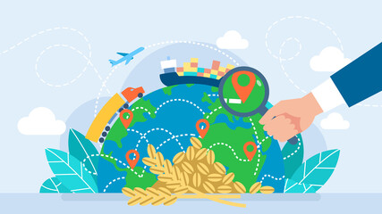 Searching for ways to transport grain. The concept of harvest, export, import. Planet earth and transport. Global logistics network, logistic import export and transport. Flat illustration