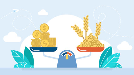 Money and grain are on scales. Wheat grains. Agricultural business. Graph growing grain crops. Wheat growth. High price. Increase income. New high harvest. Natural organic food. Flat illustration