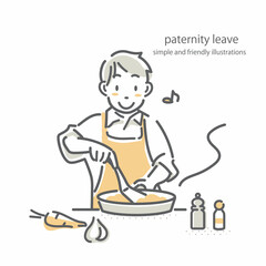Fototapeta premium 料理を楽しむ若い男性 シンプルでお洒落な線画イラスト