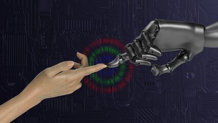 Robot and human hands touching each other 