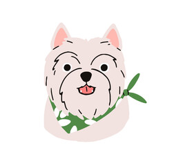 West Highland White Terrier, cute dog avatar. Puppy head of Westie breed. Amusing canine face portrait, doggy muzzle. Funny lovely adorable pup. Flat vector illustration isolated on background