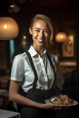 Smiling young woman waiter in a cafe interior. AI generated