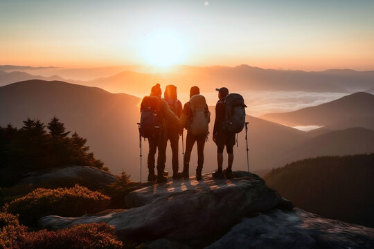 Four loving family members standing on cliff edge, looking at stunning beautiful sunset or sunrise view. Successful summit, active hiking sport in nature concept image. Generative AI Technology