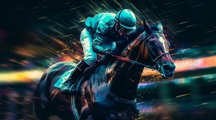 Horse racing at night.Digital illustration of thoroug.Generative AI
