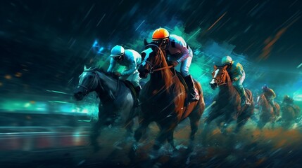Horse racing at night.Digital illustration of thoroug.Generative AI