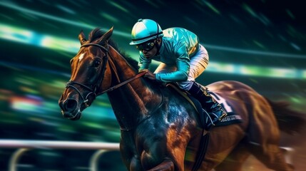 Horse racing at night.Digital illustration of thoroug.Generative AI - obrazy, fototapety, plakaty