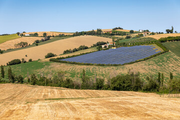 Solarcell park on the hills of the village of Monte Porzio in the province of Pesaro e Urbino in the Marche region of Italy.