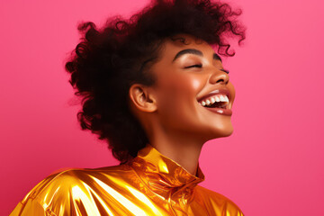 beautiful woman with afro hair smiling on bright background, smiling portrait