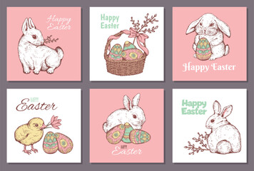 Cute Easter rabbit posters set, hand drawn sketch vector illustration.