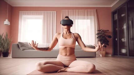 Young woman engages in a virtual reality fitness activity using a VR headset, Generative AI
