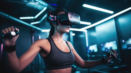 Fototapeta na wymiar Young woman engages in a virtual reality fitness activity using a VR headset, Generative AI