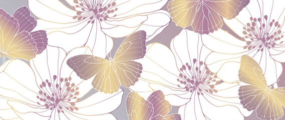 Purple gold floral background with flowers and butterflies. Delicate background for decor, wallpapers, postcards and presentations.