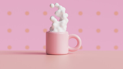Morning pink cup of coffee with steam on background of polka dot wall at home or in coffee shop. Background with copyspace. 3d render, 3d illustration.